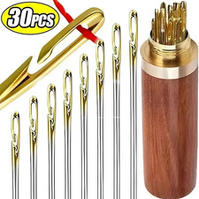 30pcs Self-Threading Blind Sewing Needles with Wooden Storage Case - NEW