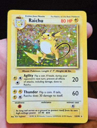 Raichu 14/102 Holo Rare Base Set Pokemon K-52 MP NO CREASES