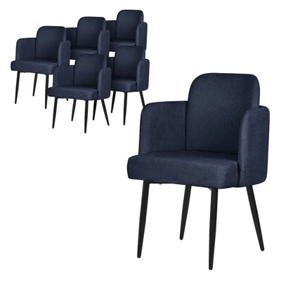 6x Chaises salle à manger tissu bleu foncé avec accoudoirs dossier aspect rotin - Photo 1/4