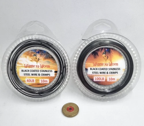 40lb & 100lb 10m Black Nylon Coated Stainless Steel Fishing Trace Wire & Crimps