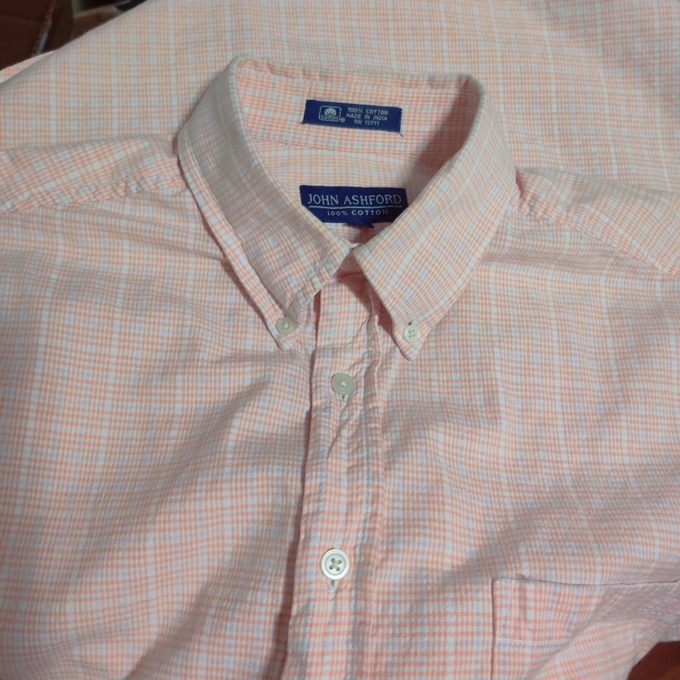 John Ashford мужской белый и персиковый клетку, Оксфорд платье рубашка, на пуговицах размер Lrg - Изображение 2 из 4