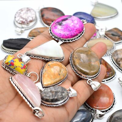 Slice Agate & Mix Gemstone 925 Sterling Silver Plated Handmade Fancy Pendant Lot