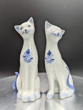 Andrea by Sadek Blue & White Porcelain Cat Figurines Blue Flowers / Set of 2