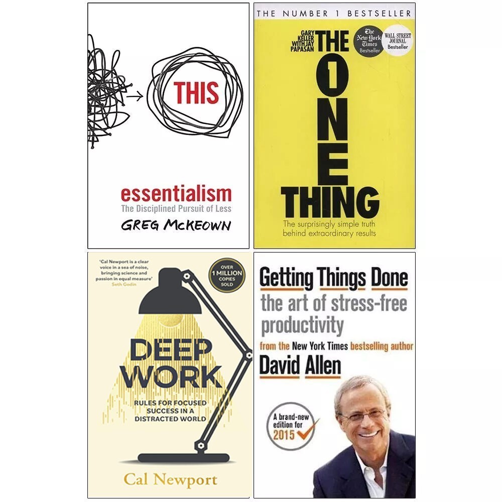 Essentialism, One Thing, Deep Work, Getting Things Done 4 Books Collection Set