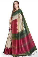 Women's Printed Art Tussar Silk Zari Border Saree With Blouse Piece