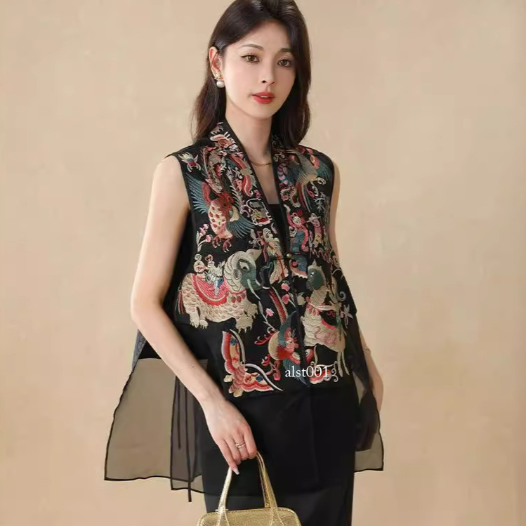 トップス vintage china vest Womens Summer Retro Tops Sleeveless Embroidery Chinese Style Vest