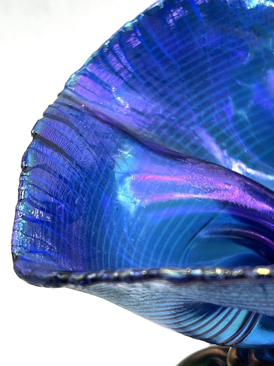 Orient & Flume Blue Iridescent Art Glass Tied Bag Vase-Signed