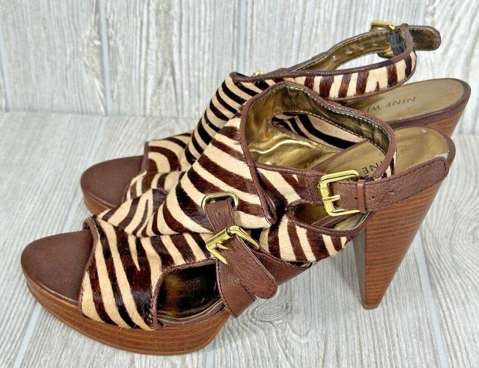 Vintage Nine West Open Toe Platform Cow Leather Shoe Zebra Print Fur Size 8 Heel - Image 2 of 4