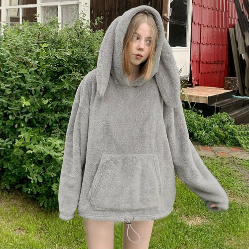 Cute Rabbit Ears Hooded Plush Sweater Women's Autumn/Winter Loose Plush Top - Picture 2 of 23