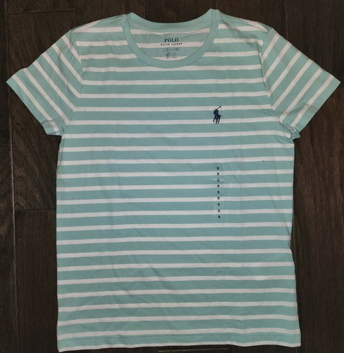 Neu ohne Etikett Polo Ralph Lauren Damen neuwertig und weiß gestreift marineblaues Pony-T-Shirt