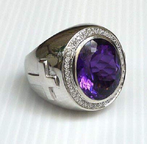 Huge 13.01CT Amethyst & Clear Stones Christian Sterling Silver Large Bishop Ring - Picture 1 of 7