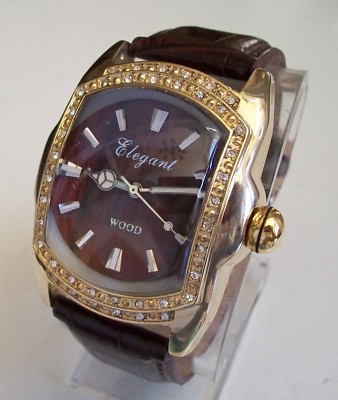 MEN'S GOLD FINISH DARK BROWN LEATHER BAND FASHION CASUAL DRESSY HIP HOP WATCH