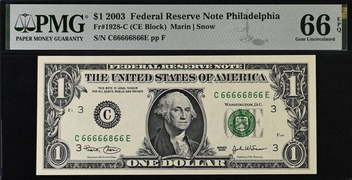 2003 $1 Federal Reserve Note PMG 66EPQ - Gem Near Solid Serial Number 66666866 - Picture 2 of 3