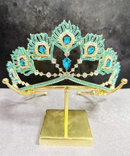Gold Crystal Crown, Peacock Crown, Blue Crystal Tiara, Homecoming Prom Headpiece
