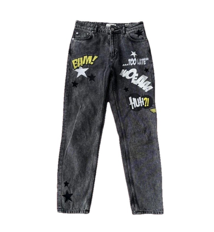 ZARA The Mom Denim Wonder Woman Black Comic Acid Wash Jeans EUR38 US6 AU10 image 2