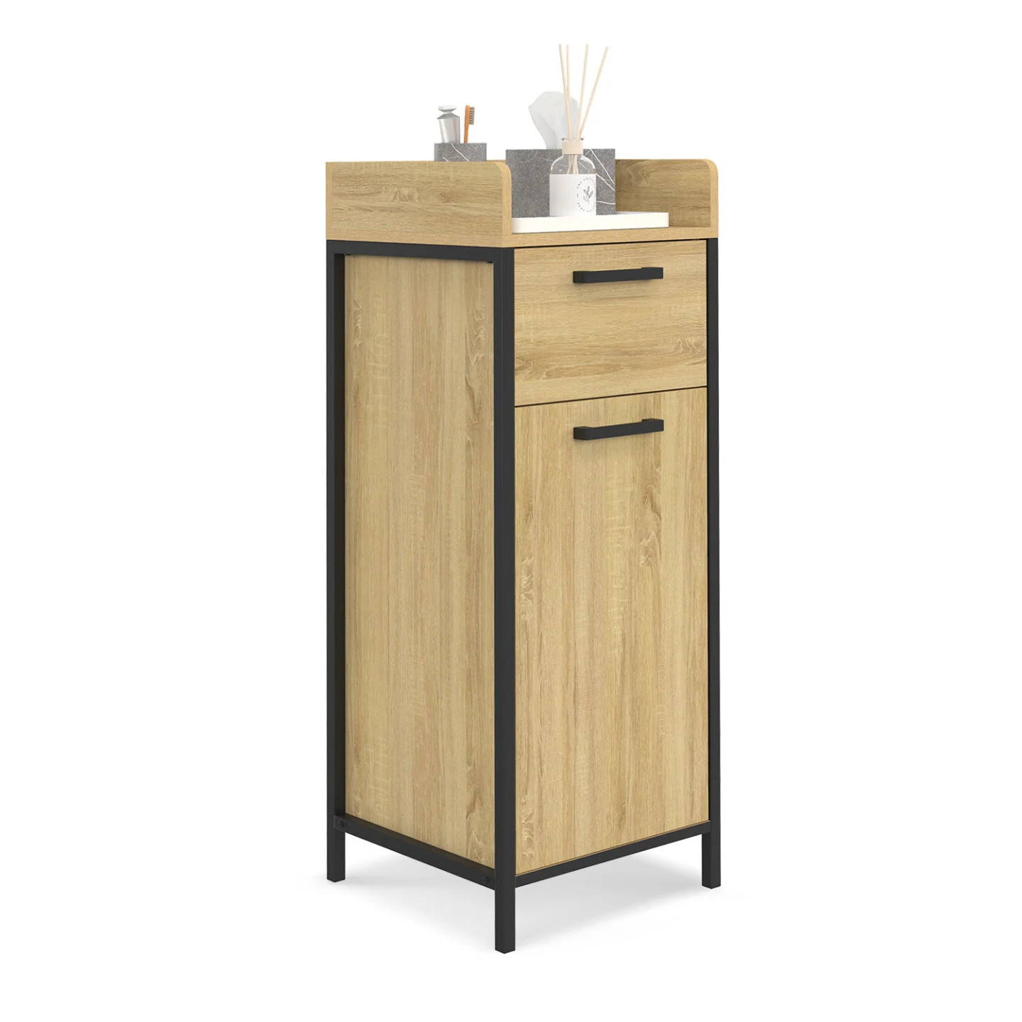 Colonne de rangement d'appoint salle de bain DETROIT en bois et métal noir 30x30x120 cm