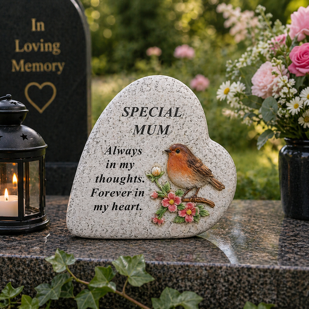 Mum Memorial Heart Plaque Robin Verse Graveside Garden Ornament Remembrance