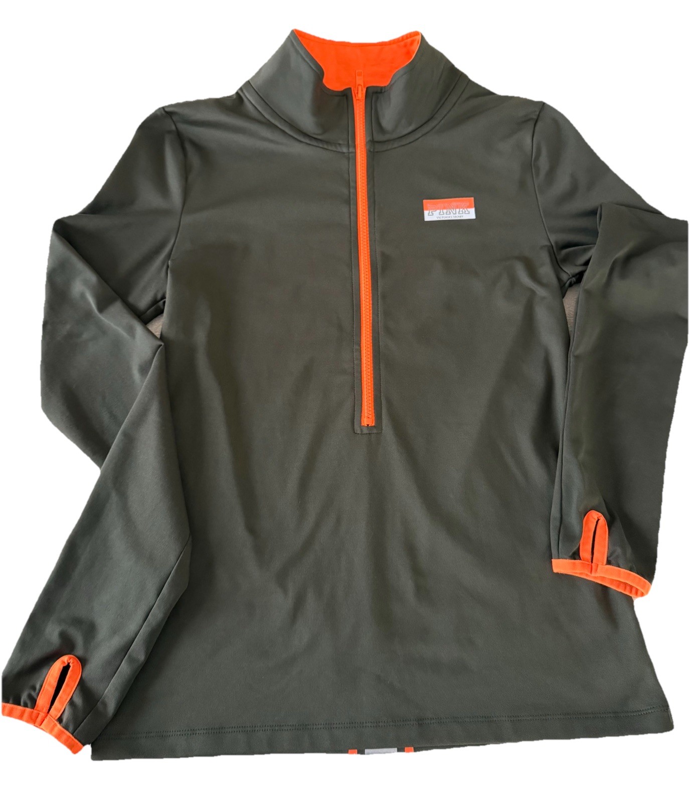 PINK Victoria's Secret Ultimate Olive Orange 1/2 Zip Track Jacket M Thumb Holes