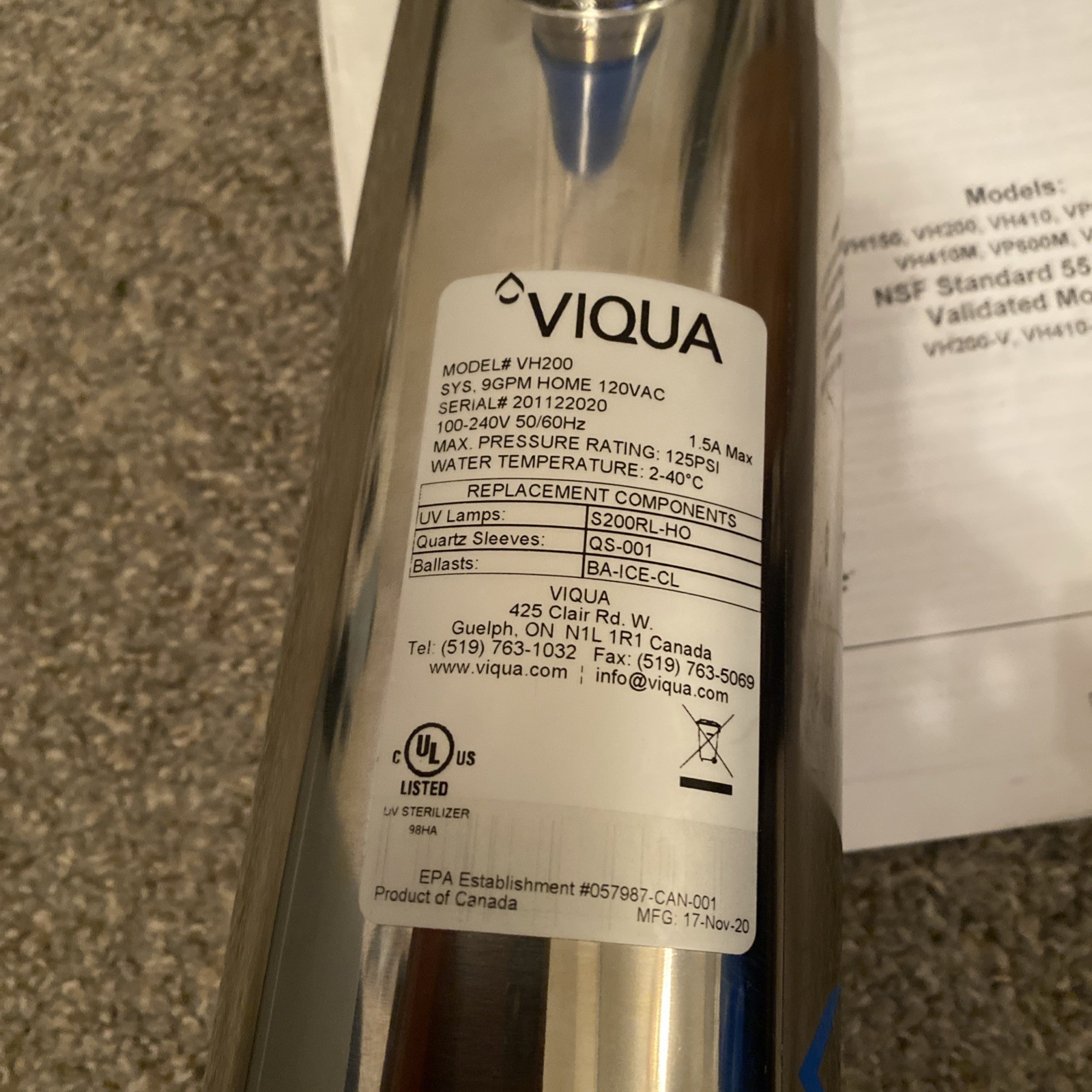VIQUA VH200 Home Stainless Steel Ultraviolet Water 9 GPM 35WN ~ DEVICE ONLY NEW