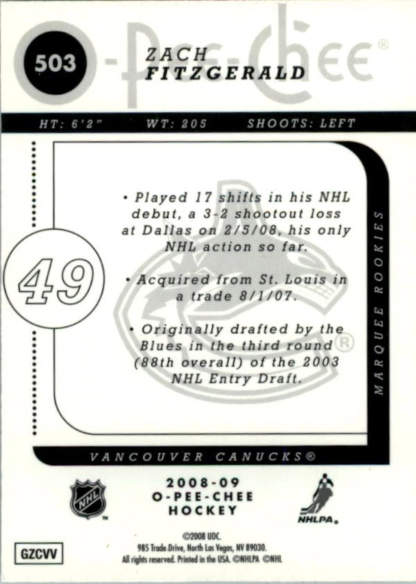2008-09 O-Pee-Chee Metal #503 Zach Fitzgerald - HKY - Image 2 of 2