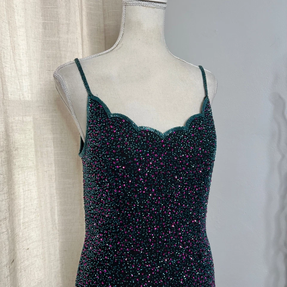 Y2K Vintage Adrianna Papell Silk Dress Beads Sequins Black Pink Blue Size 10 - Image 4 of 4
