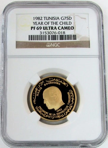 1982 GOLD TUNISIA 75 DINARS YEAR OF CHILD PROOF COIN NGC PF 69 ULTRA CAMEO