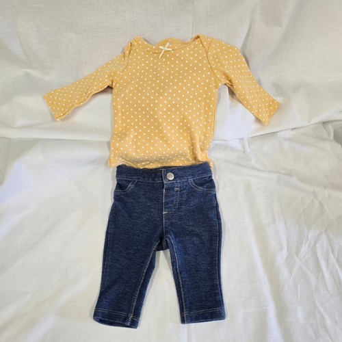 Hudson Baby Girls 2pc Set Yellow Polka Dot Bodysuit Blue Denim Pants 0-3M
