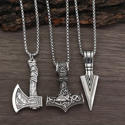 Retro Viking Weapon Pendant Necklace Set 3Pcs Mjolnir Axe Spear