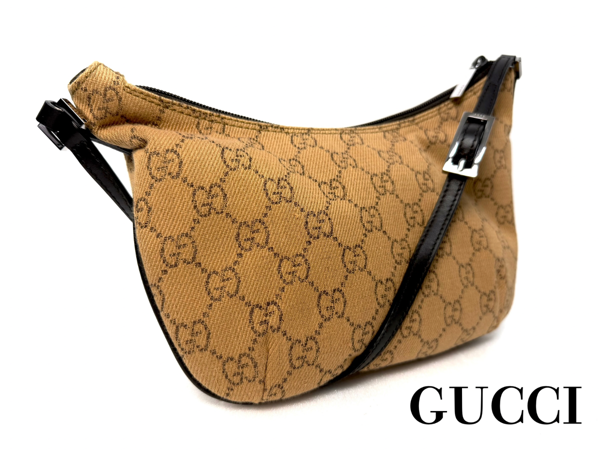 希少品 GUCCI GGキャンバス レザー ハーフムーン ブラウン　32160 Vintage Gucci Shoulder Bag Handbag Canvas Half Moon Brown 32160