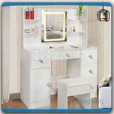 Dessing Table Stool Set w/Smart LED Mirror 6 Drawer &Crystal Pull Makeup Vanity