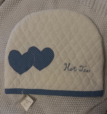 VTG Linen Hand Embroidered Tea Pot Cozy Cover Warmer Blue Hearts Cottage Core