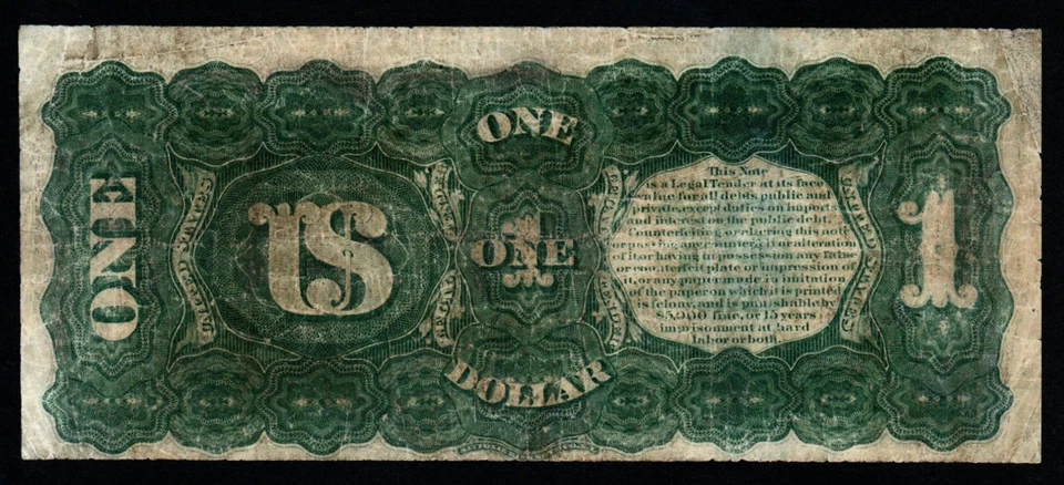 ¡Billete del Tesoro de Estados Unidos de $1 SERIE ARCO IRIS DE 1869 "VF" tamaño grande! Foto 2 de 2