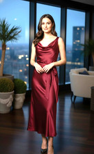 Women's Satin Silk Cowl Neck Sleeveless Slip Evening Cocktail Party Wear Dress