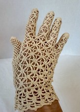 Vintage French Pattern Hand Crocheted Cotton Beige Color Seamless Gloves 8.5  L