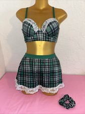 Green Plaid School Girl Halloween Costume 34B Bra Top Mini Skirt Size Small
