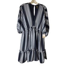 Taylor New York Womens Navy White Striped V-Neck Smocked Waist Ruffle Dress 12