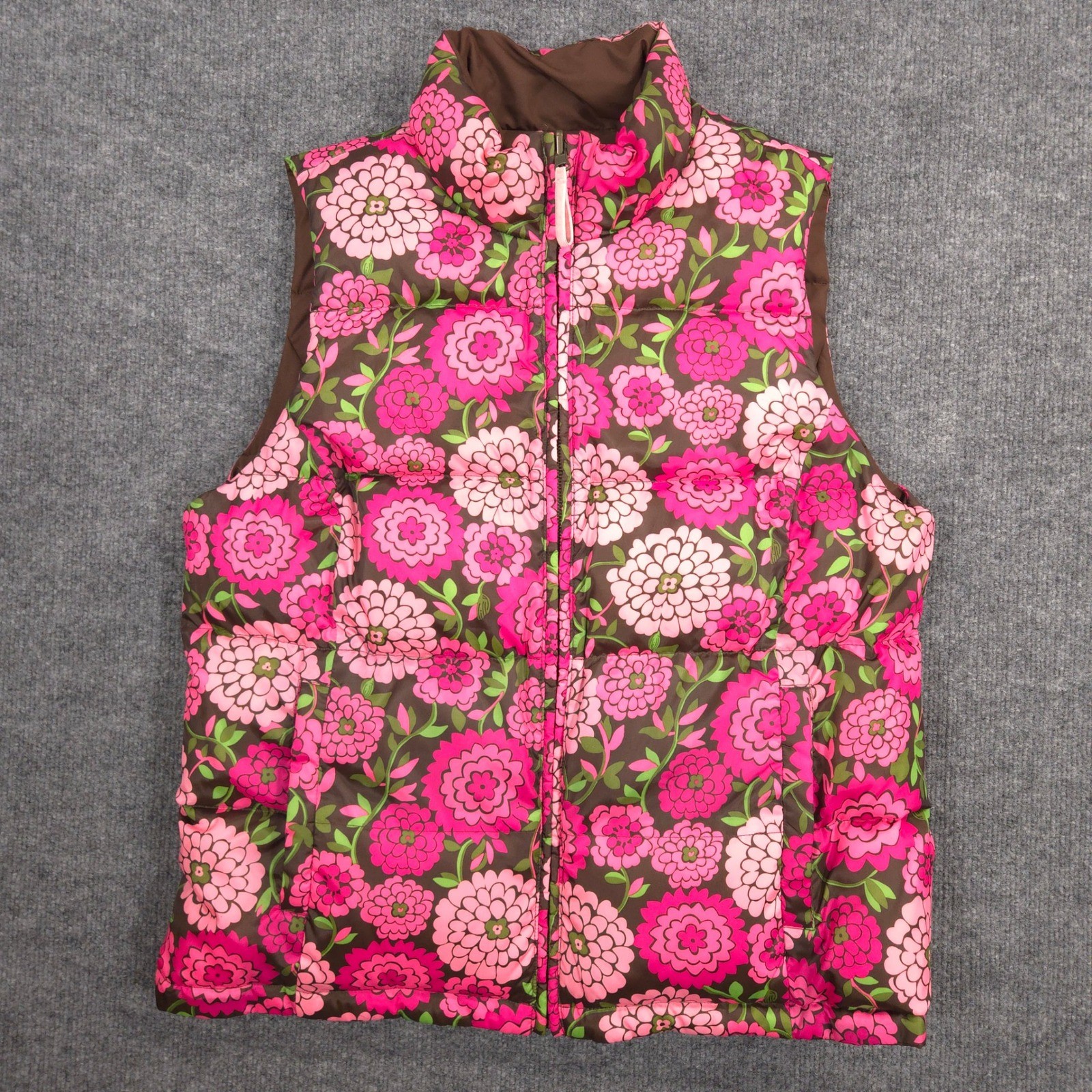 Lilly Pulitzer Vest Womens L Pink Floral Brown Reversible Down Puffer Jacket