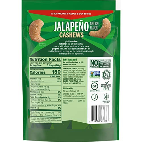 Emerald Jalapeño Cashews Stand Up Resealable Bag, 5 Ounce (Pack of 6 ...