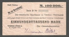 Germany - Triebes 100000 Mark 30.8.1923; VF; K-5206e; Without stamp