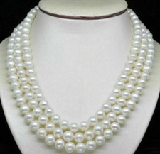 Huge Three-Strand natural AAA 9-10 mm akoya white pearl necklace 18 14K Clasp