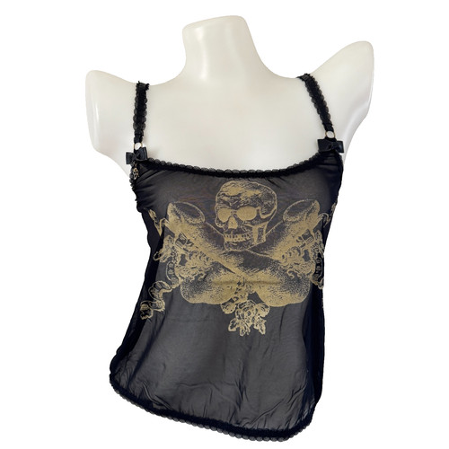 AGENT PROVOCATEUR Sheer SKULL & BONES Gold Pirate Print Tank Top PVC Charm AP M