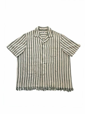 BODE Striped Cotton Short Sleeve Fringe Button-Up Shirt Beige Green Black Men