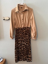 Mocha Leopard Maxi Dress Feminine Flattering Women s Size Medium Pleated Brown