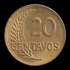 PERU 20 CENTAVOS 1942 BRILLIANT UNCIRCULATED — LOW MINTAGE — SCARCE WARTIME