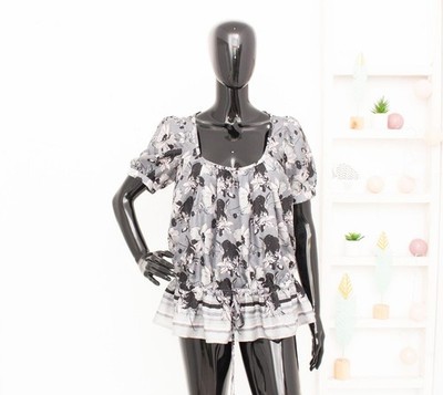 NOA NOA Silk Blouse Grey Floral Loose Fit Peplum Hem Drawstring Shirt Women's S