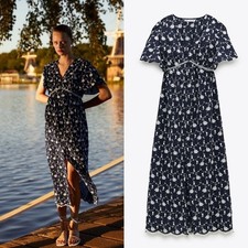 Abito midi Zara blu navy cotone ricamato floreale taglia M estivo cottagecore