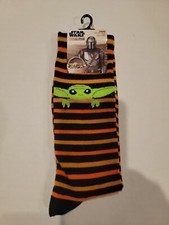 Mandalorian Baby Yoda Grogu Black  Orange Stripe Mens Crew Socks in Size 10-12
