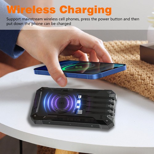 36000mAh Portable Solar Power Bank w/4 Cables External Battery Wireless Charger - Foto 9 di 37