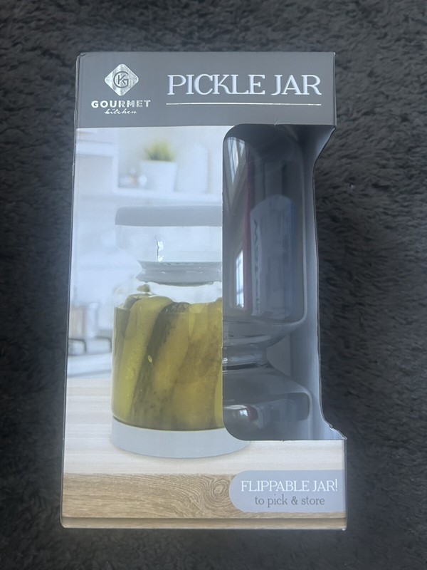 Gourmet Kitchen  Pickle Jar with Strainer Flip, 34oz Pickle Container, Glass