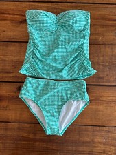 Draper James Womens Seersucker Bandeau Tankini Swimsuit Set Size M Green Gingham